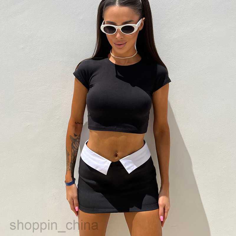 Two Piece Dress Sets Fashion contrasting color patchwork two-piece set for summer new women's short sleeved navel exposed slim fitting short skir