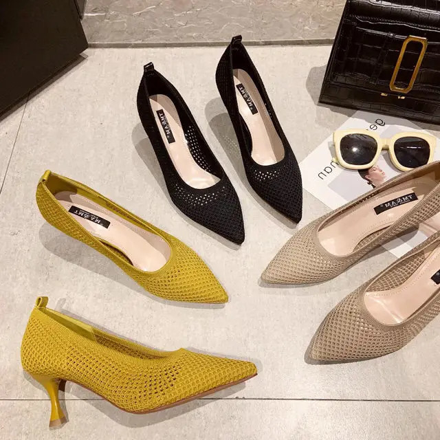 Women Pumps Summer Comfortable Triangle Heeled Party Shoes Stiletto Sexy Single Shoes Flying Woven Mesh Breathable Women Shoes 240612