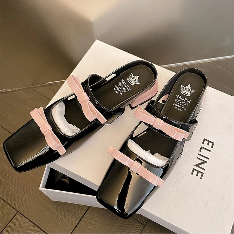 2024 Genuine Leather Square Head Shallow Mouth Single Shoes Womens Bow Versatile Comfortable Low Heel Thick Heel Small Shoe 240612