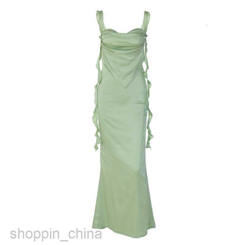 Basic Casual Women Dresses Summer New Internet Celebrity Same Style Lace Hanging Strap Open Back Dress Fashionable Ruffle Edge Flowing Strap Long Dres