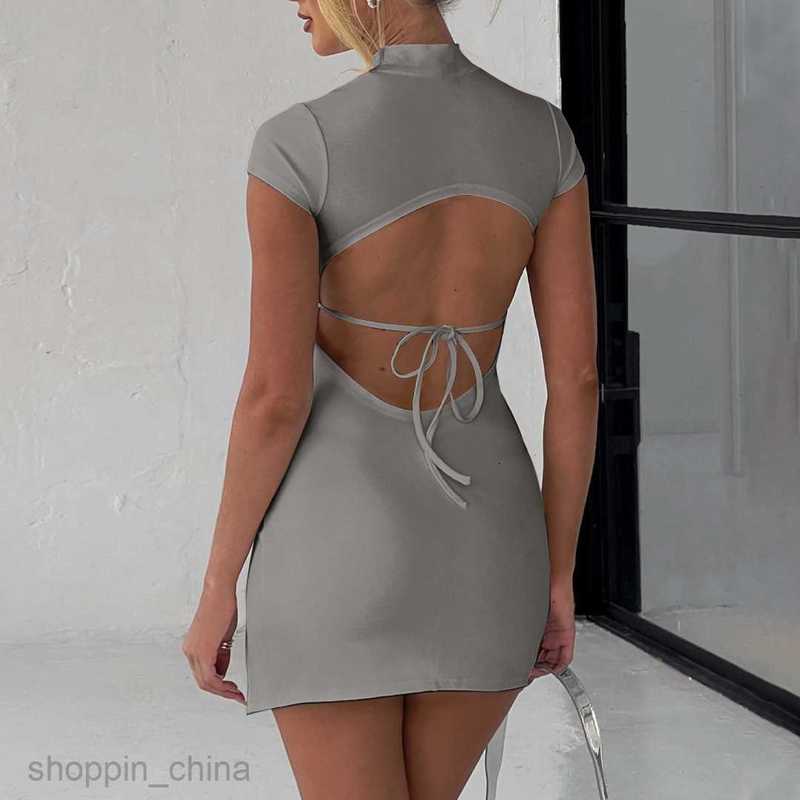 Basic Casual Dresses Split Dress Summer New Short Sleeve Neck Sexy Open Back Style Lace up Dress
