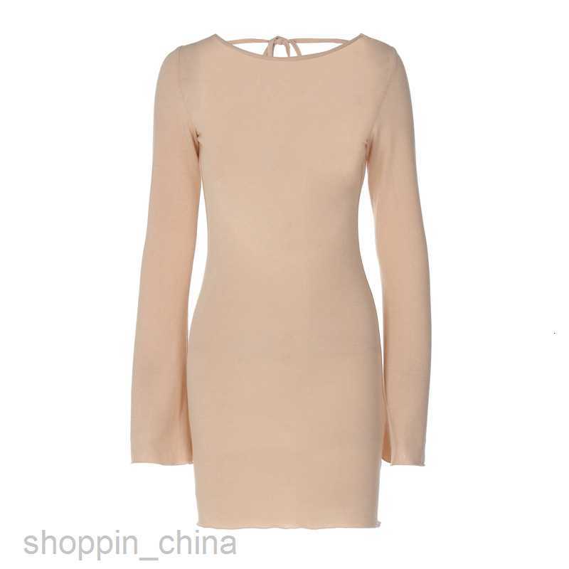 Basic Casual Women Dresses Feng Spring New Solid Color Ribbed Long sleeved Sexy Back Slim Dress for Women