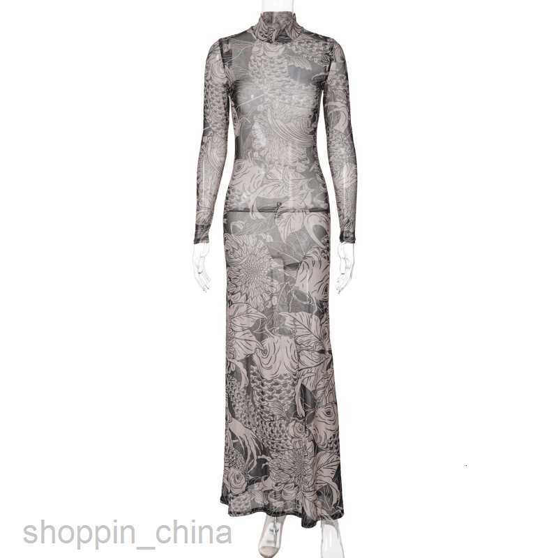 Basic Casual Dresses Women's Summer New Fashion Mesh Print Perspective Neck Slim Fit Dress for Women