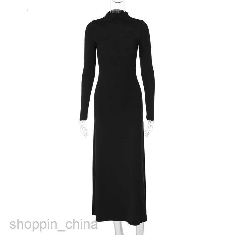 Basic Casual Dresses Feng Spring New Women's Long sleeved necked Sexy Open Back Split Long Dress Fashion Dress