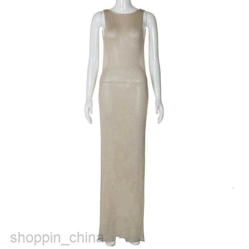 Basic Casual Dresses Summer New Fashion Woven Sexy Open Back Strap Perspective Sister Style Long Split Dress