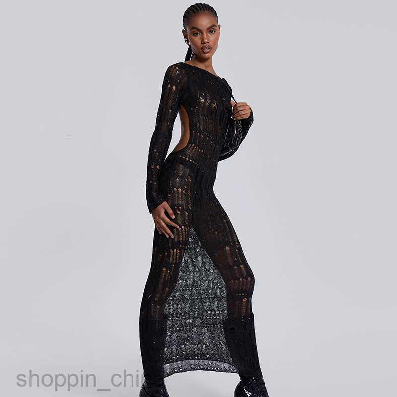 Basic Casual Women Dresses spring new sexy backless hollow out perspective long sleeved slim fit temperament long woolen knit dress for women