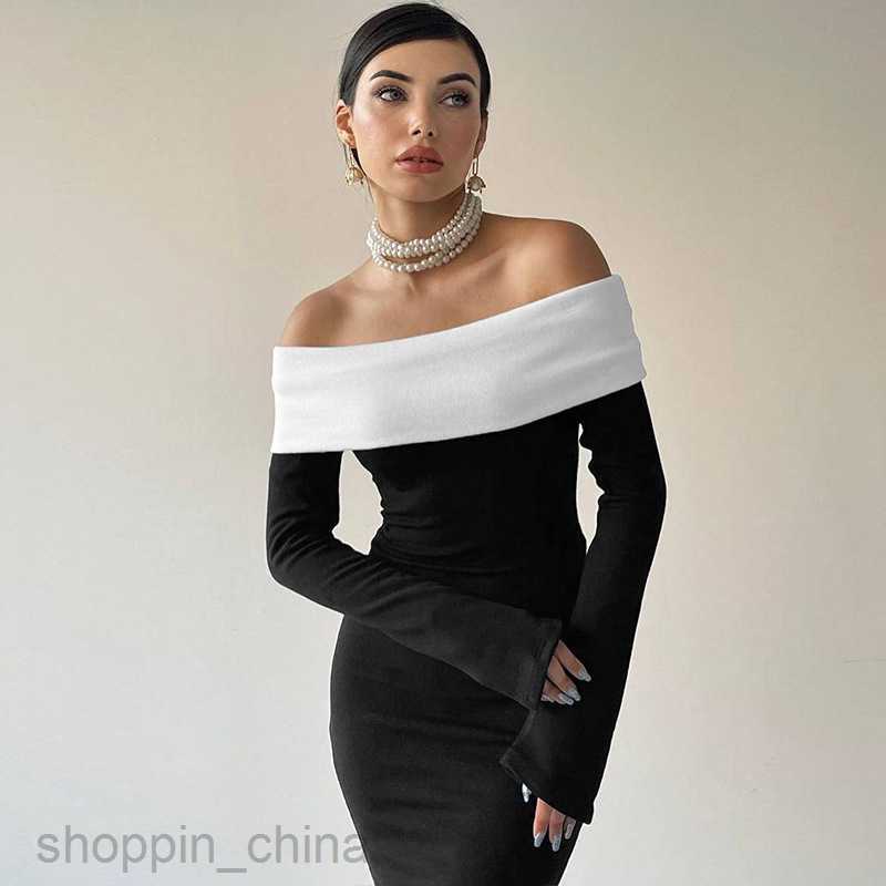 Basic Casual Dresses Fashion Classic Contrast Layer Wrap Chest Long Sleeve Slim Fit Wrap Hip Style Long Dress