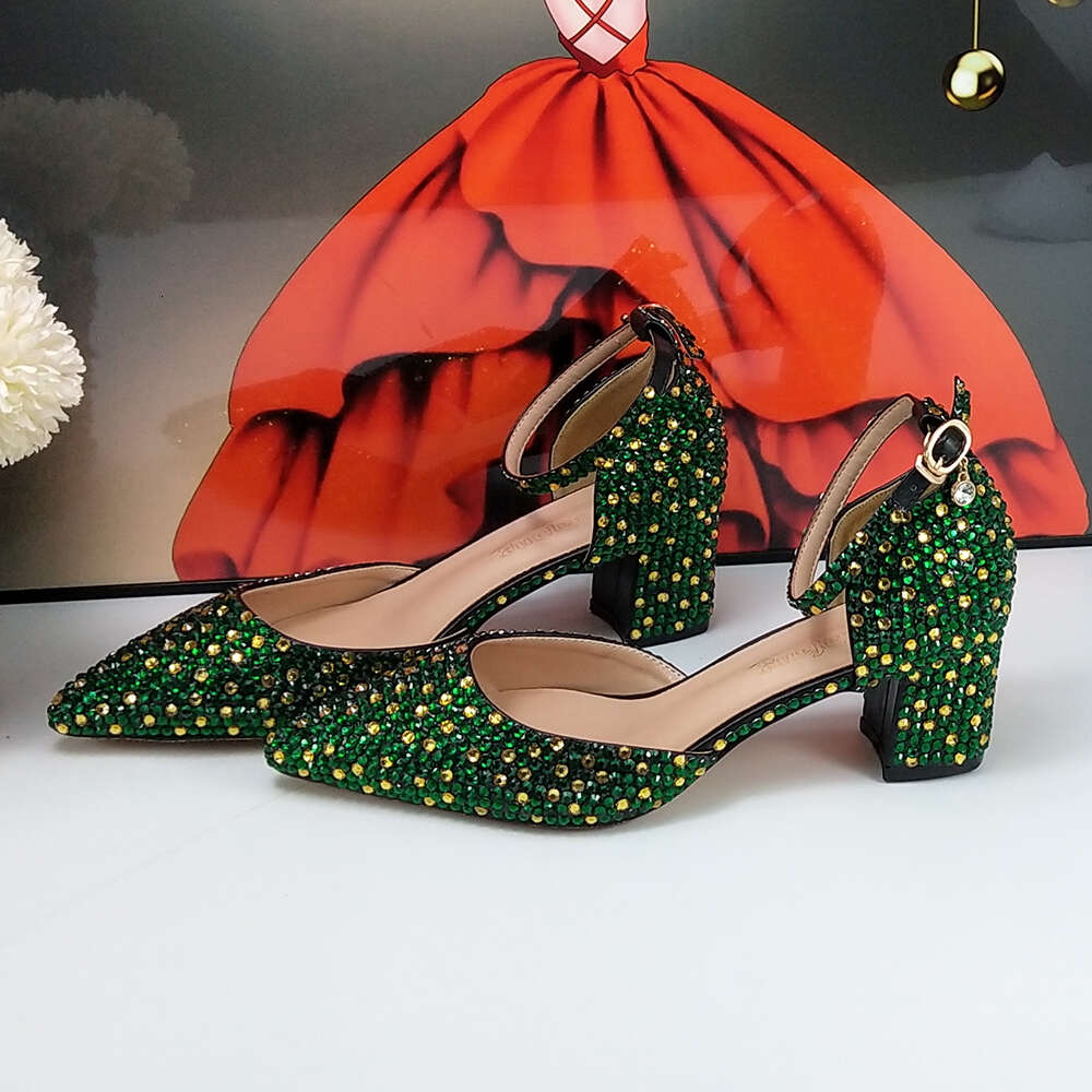 Green Crystal Bridal Wedding And Bag Woman Thin Heel High Pumps Party Evening Shoes Shallow Ankle Strap Buckle Shoe