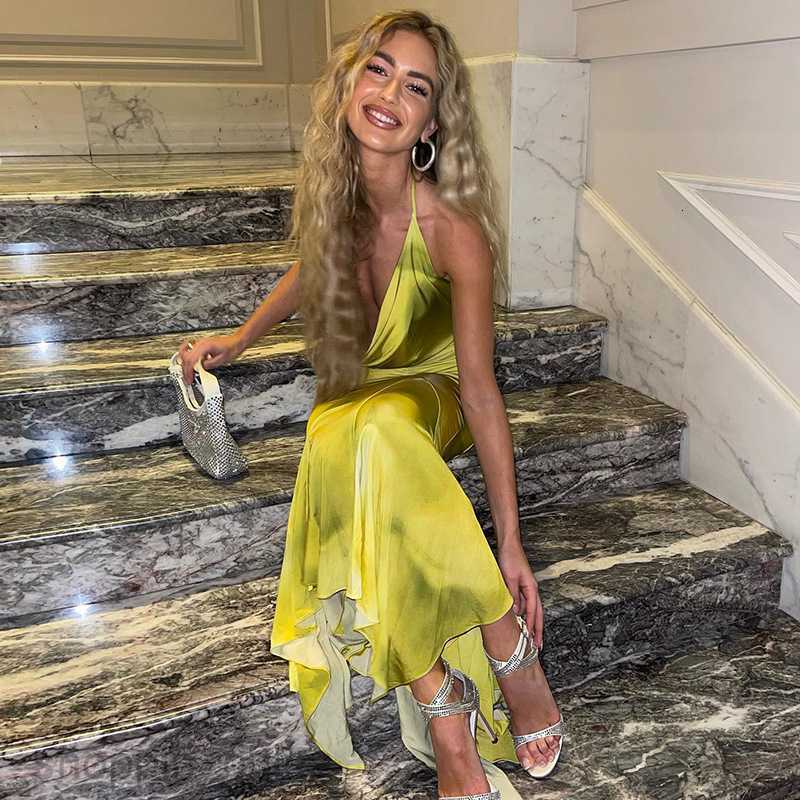 Basic Casual Dresses Women's Spring New Temperament Mature Style Hanging Neck Deep V Printed Long Lotus Leaf Dress