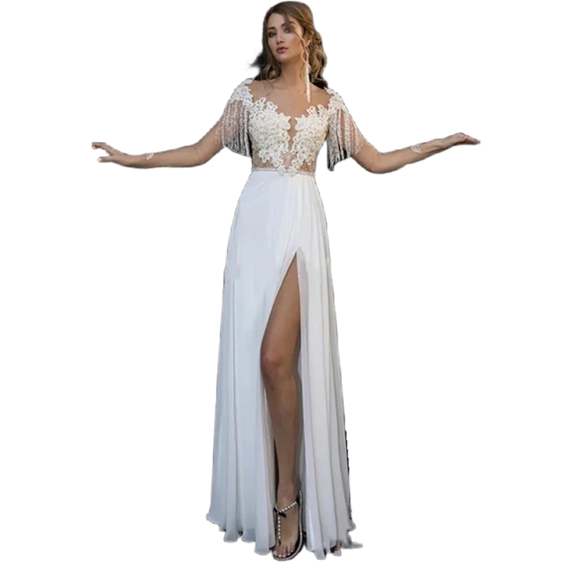 Simple High Slit Beach V-Neck Wedding Dresses White Lace Appliques Sexy Backless Chiffon Bride Gowns Button Back A-Line Long Boho Vestido De Novia 202