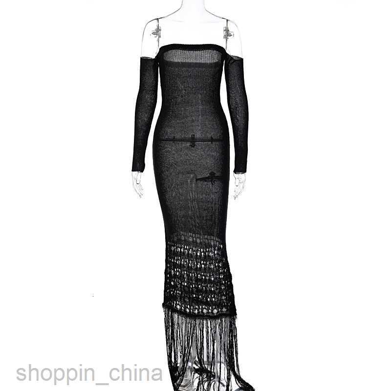 Basic Casual Women Dresses Feng Spring New Woolen Weaving Style Slim Tassel Long Dress Long sleeved Shoulder Wrapped Chest Dress