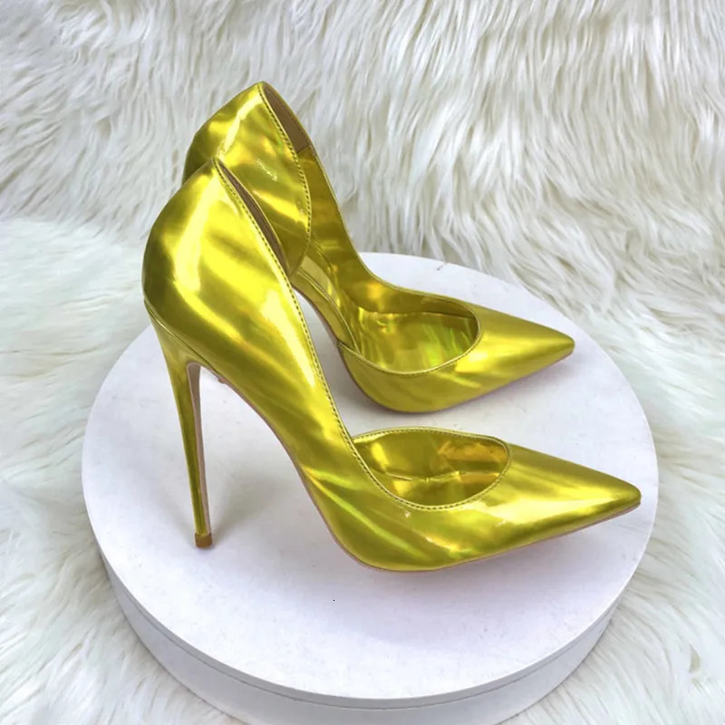 patent leather gold high-heeled shoes 12CM pointed thin heel sexy single shoes side empty wedding pumps 240612