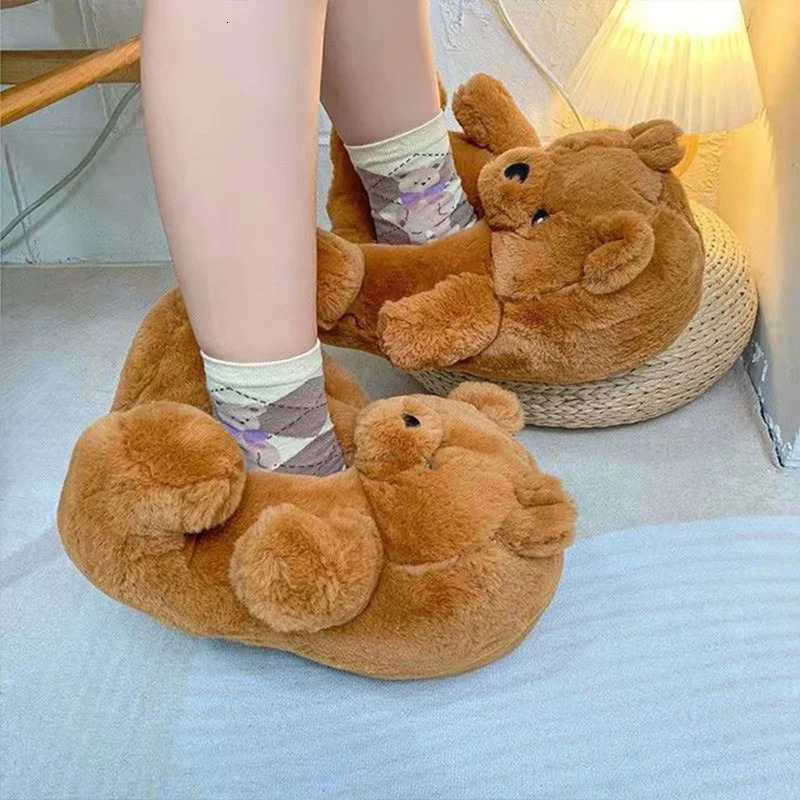 Indoor Designer Shoes Fluffy Bear Shoes For Women Furry Faux Fur Slides Cute Animal Winter Floor Shoes Female Fun Teddy Bear Plush Slippers