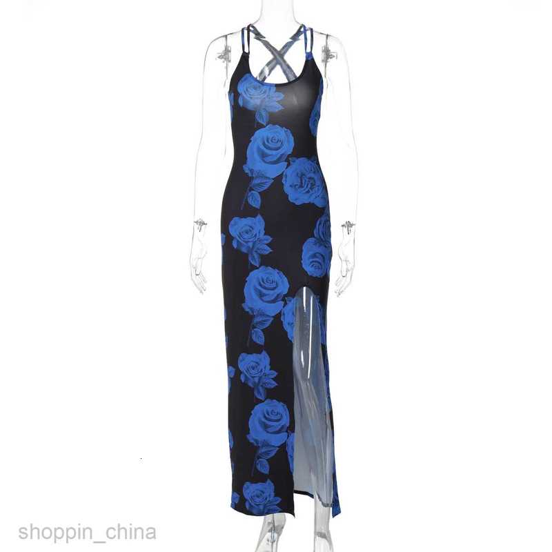 Basic Casual Women Dresses Summer Women's Fashion Printed Long Dress Sexy Split Strap Dress