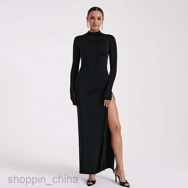 Basic Casual Dresses Feng Spring New Women's Long sleeved necked Sexy Open Back Split Long Dress Fashion Dress