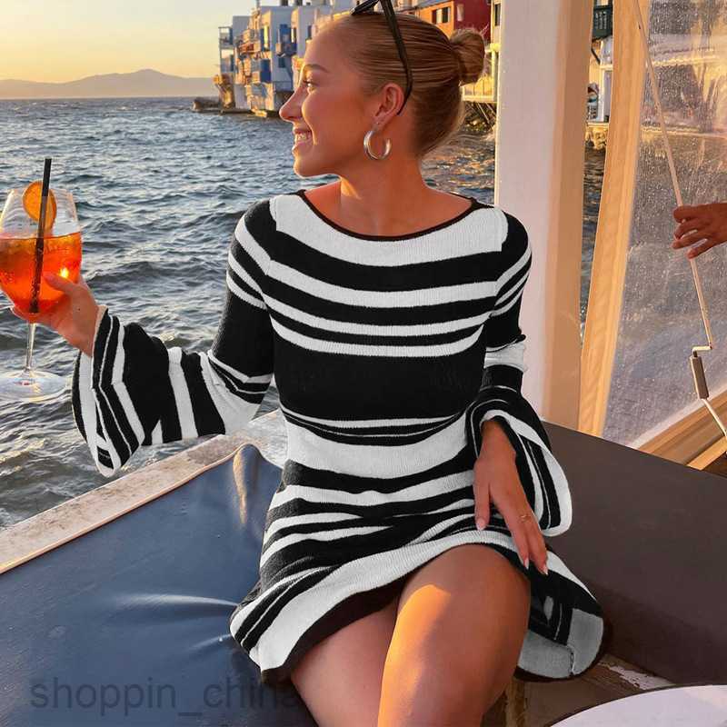 Basic Casual Dresses Knitted sweater striped backless dress winter women's new flared sleeve lace up short skirt