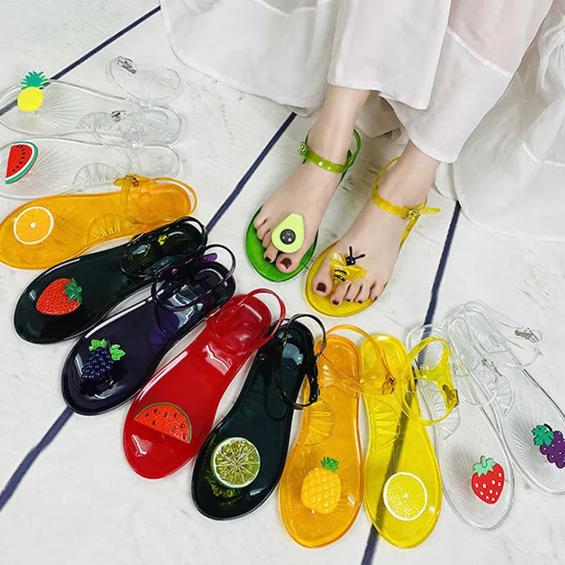 Women Fruit Jelly Sandals PVC Flat Flip-flop Sandal Ladies Summer Outdoor Fashion Non-slip Buckle Strap Beach Shoes Slides 240612