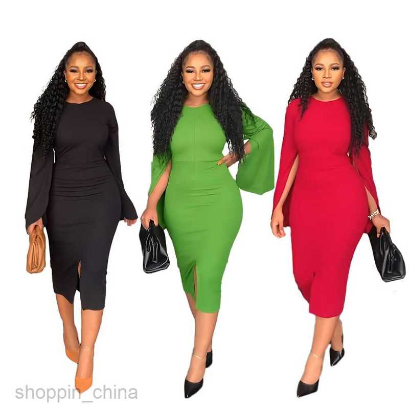 Basic Casual Women Dresses women's solid color casual round neck split sleeve slim fitting dress