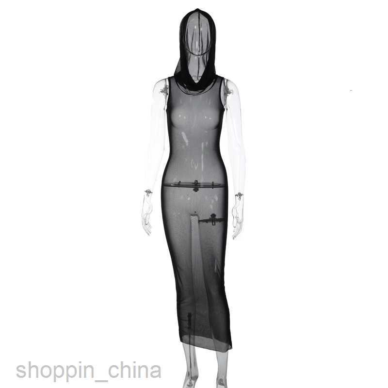 Basic Casual Women Dresses Feng Spring Women's New Sleeveless Hooded Long Dress Sexy Mesh Perspective Dress