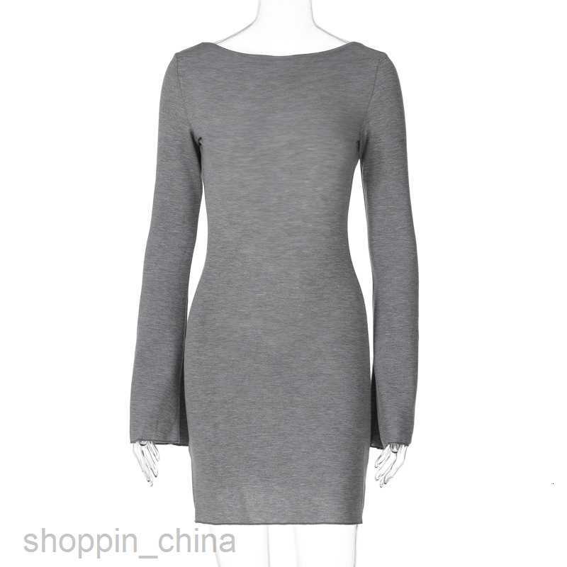 Basic Casual Women Dresses Feng Spring New Solid Color Ribbed Long sleeved Sexy Back Slim Dress for Women