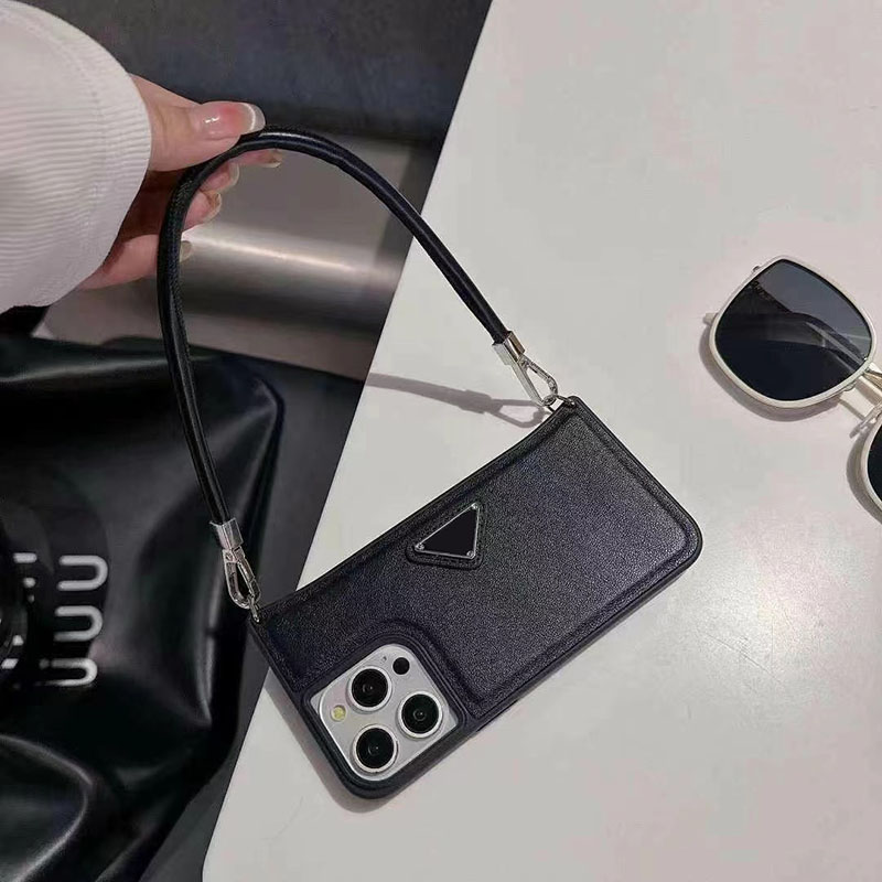 IPhone 15 Promax Case Designer Phone Cases for Apple 14 13 Luxury PU Leather Milk-textured Wrist Band Strap Lanyard Handbag Crescent Cute Back Co