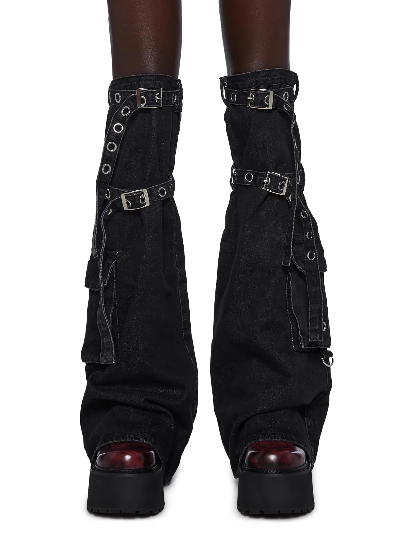 REDDACHiC Women Function Pocket Black Leg Warmers Self-belt Denim Long Socks Y2k Leg Gaiter Punk Goth Dark Academia Boots Cover 240613