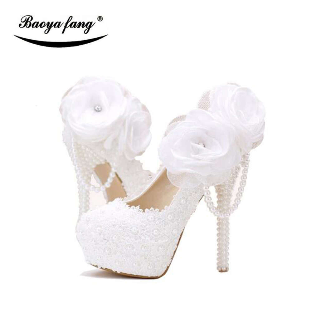 Baoyafang White Flower Women Wedding Bride Party Dress Woman High Heel Platform Shoes Ladies Handmade Lace Shoe