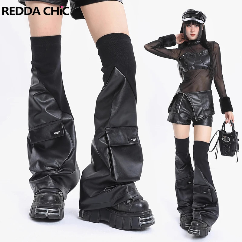 REDDACHiC Cyberpunk Y2k Stitch Knit Leather Leg Warmers Pockets Black Thigh-high Long Socks Japanese Boots Covers Womens Gaiter 240613