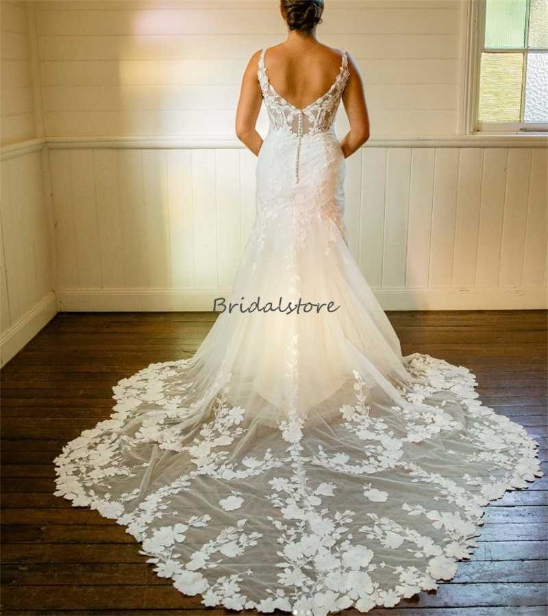 Luxury Mermaid Wedding Dresses 2024 Appliques Lace Farm Country Boho Bride Dress Elegant Backless Korean Gatsby Bridal Gowns Fairy Charming Bohemian R