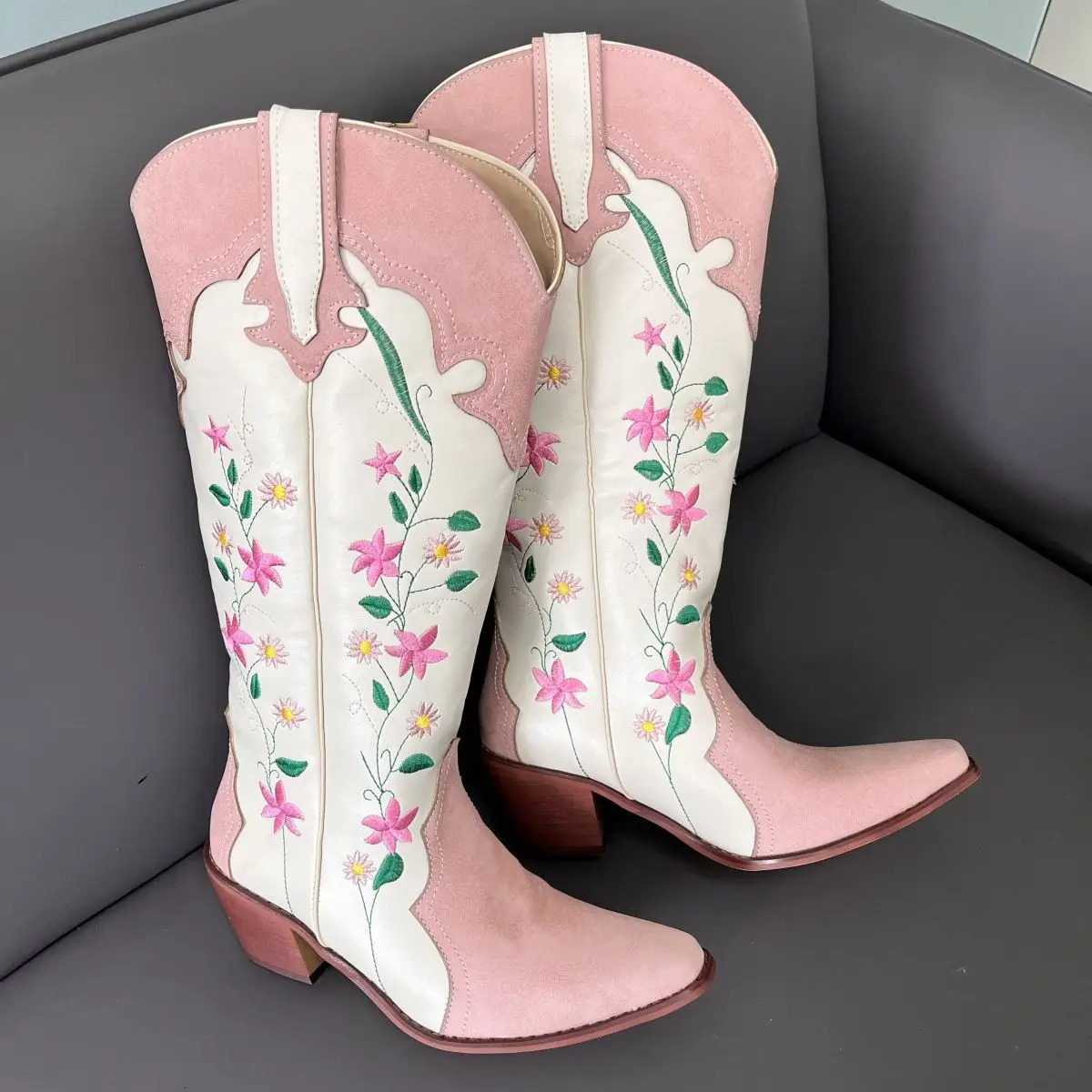 Embroider Santiag Spring White Pink Pointed Toe Texana Women Western Cow Ankle Boots Ladies Shoes On Offer Women Boots 240612
