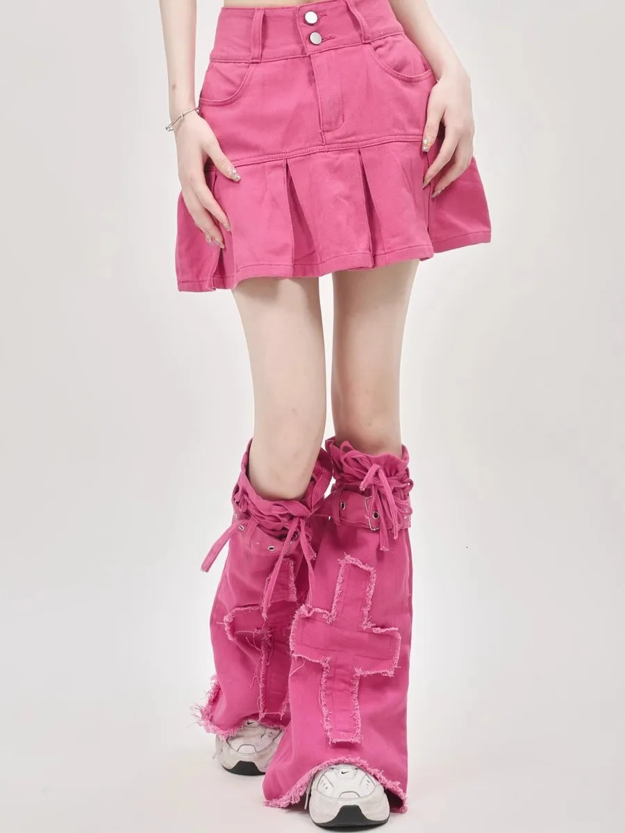 REDDACHiC Barbiecore Pink Denim Leg Warmers Women Frayed Boots Cover Cross Patched Bandage Knee-Long Socks Y2k Dopamine Clothing 240613