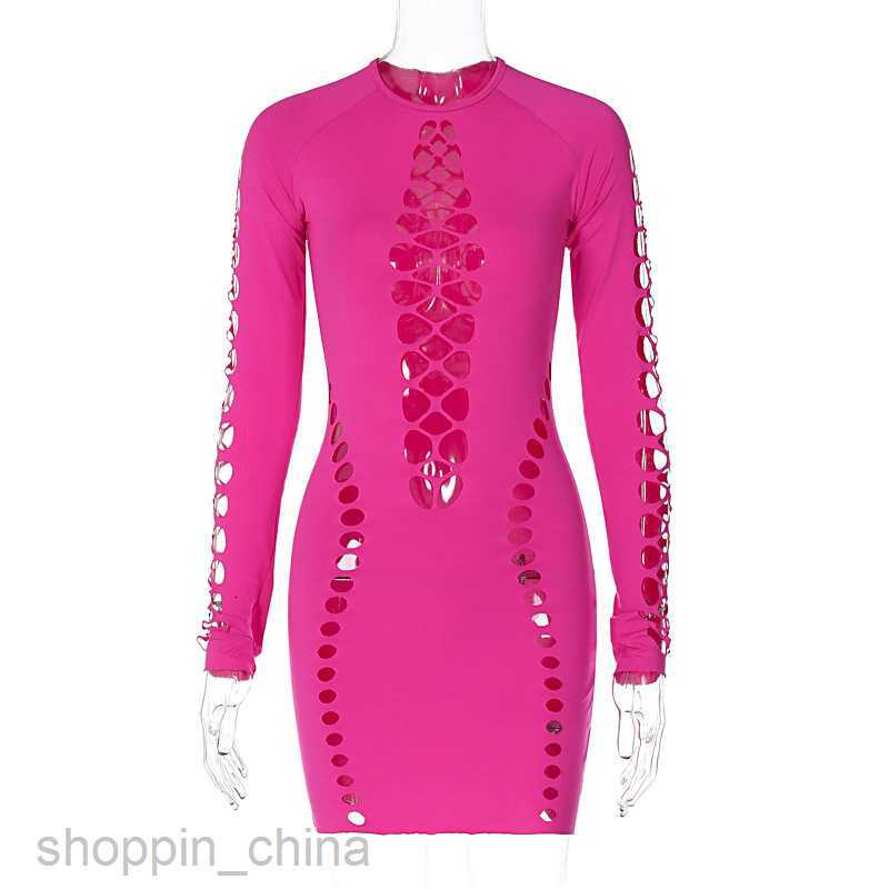 Basic Casual Dresses New Women's Pure Color Sexy Hollow Long Sleeve Round Neck Short Fitted Dress