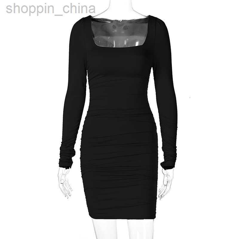Basic Casual Dresses New women's clothing spring square neckline pleated brushed long sleeved sexy slim fit dress