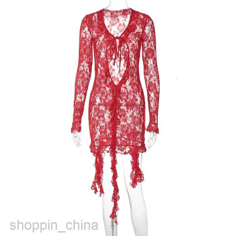 Basic Casual Women Dresses Summer Sexy Spicy Girl Lace Perspective Deep V-neck Slim Wrap Hip Dress