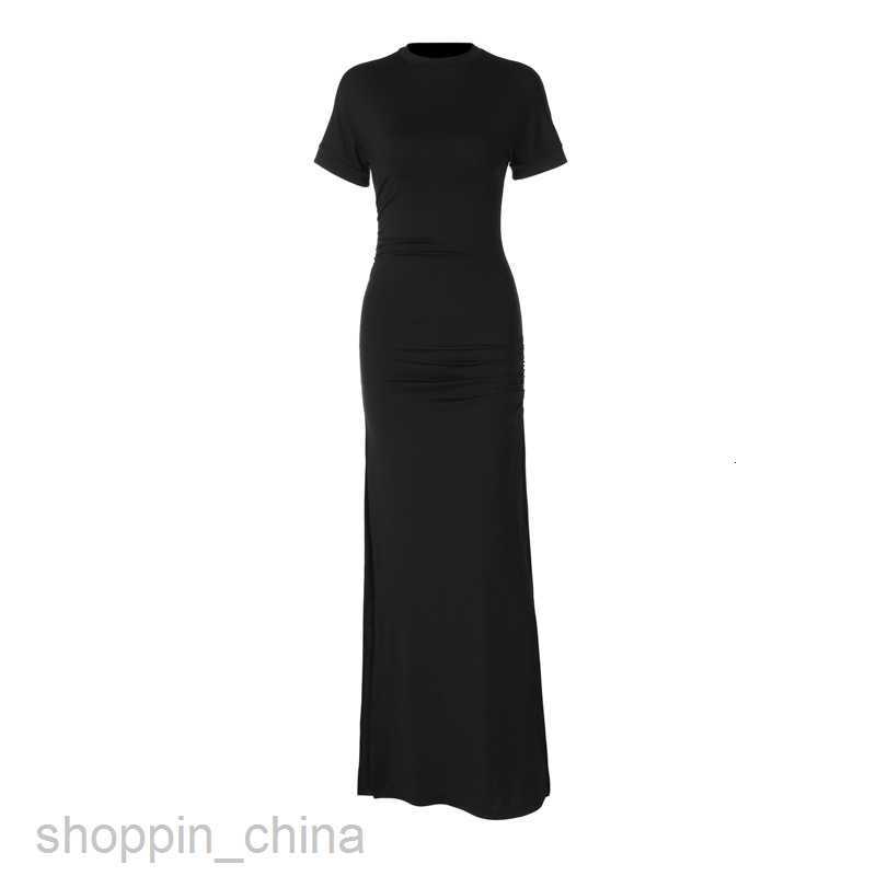 Basic Casual Dresses fashion solid color short sleeved long slim fitting street style versatile double layered slit dress