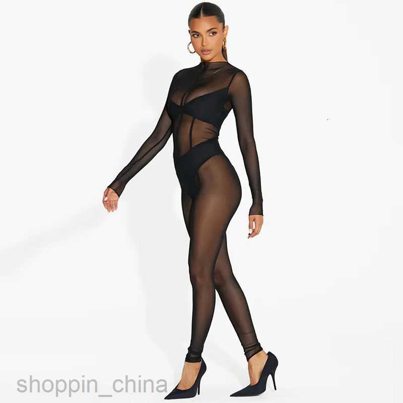 Basic Casual Women Dresses Wind Long sleeved Mesh Pants Summer New Women's Sexy Perspective jumpsuit