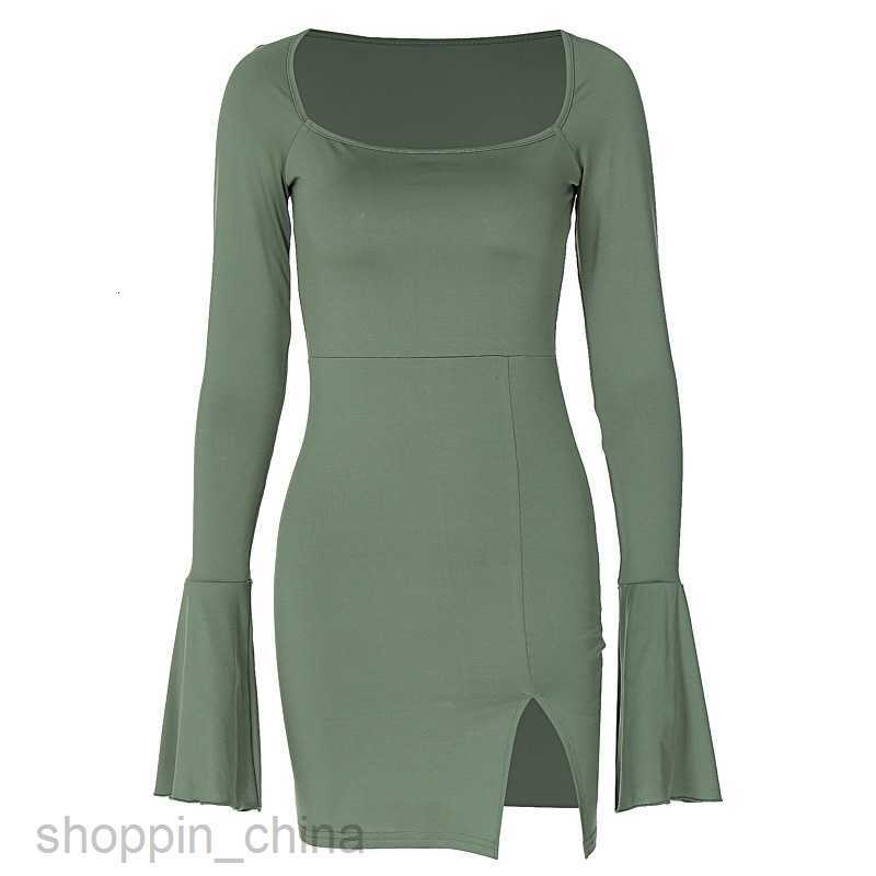 Basic Casual Dresses Feng Spring New Women's Solid Color Horn Long sleeved Split Short Skirt Sexy Wrapped Hip Dress