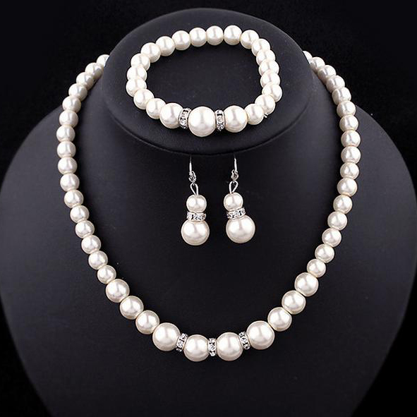 Newest Women Wedding Party Jewerly Set Simple Elegant luxury Crystal Simulated Pearl Necklace Earrings Jewelry Sets 3T040