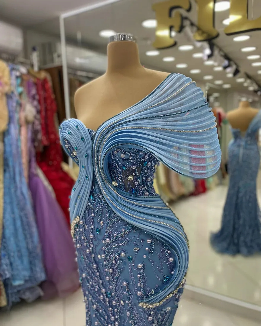 Plus Size 2024 Prom Dresses For Special Occasions Mermaid One Shoulder Beaded Lace Pearls Crystals Birthday Party Gowns Reception Dress Robe De Soiree
