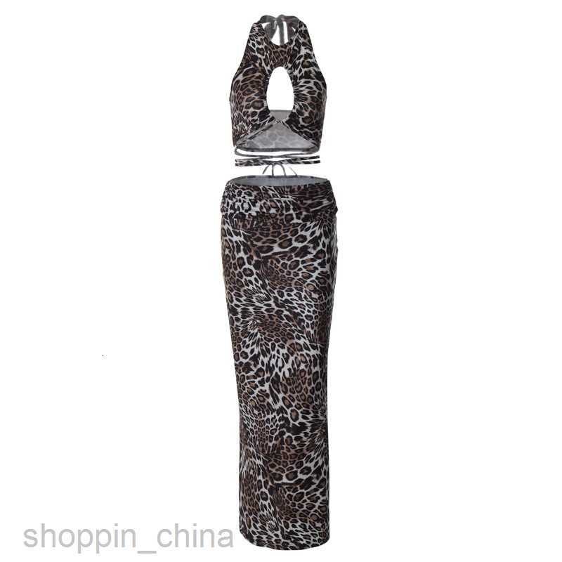 Two Piece Dress Sets Feng Summer New Leopard Print Sexy Lace up Chest Wrap Hip Long Dress Fashion Set for Women