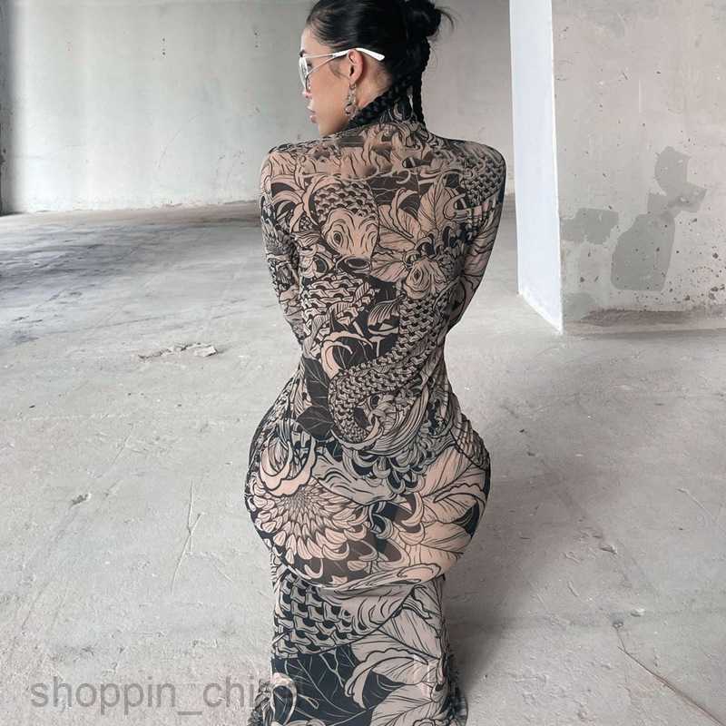 Basic Casual Dresses Women's Summer New Fashion Mesh Print Perspective Neck Slim Fit Dress for Women