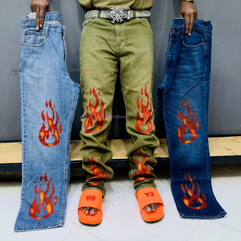 Y2k American Retro Jeans Men Women Ins Net Red Gangster Handsome Straight Jeans Summer Loose Pattern Printing Couple Pants 240531 - view 3