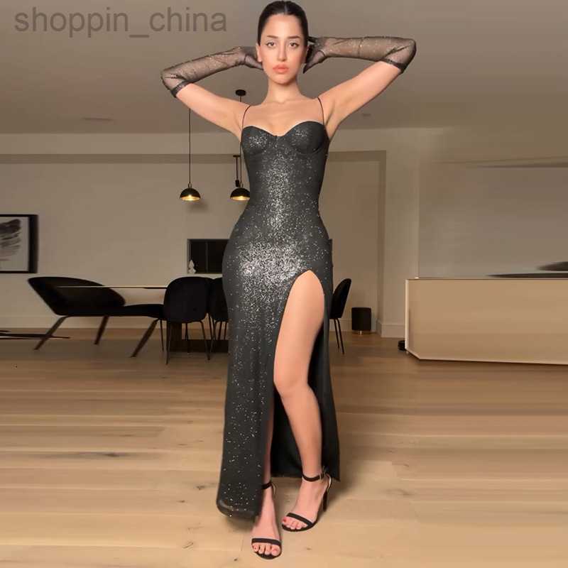 Basic Casual Dresses style sexy chest wrapped lace gloves double layer bright silk slit dress for woman