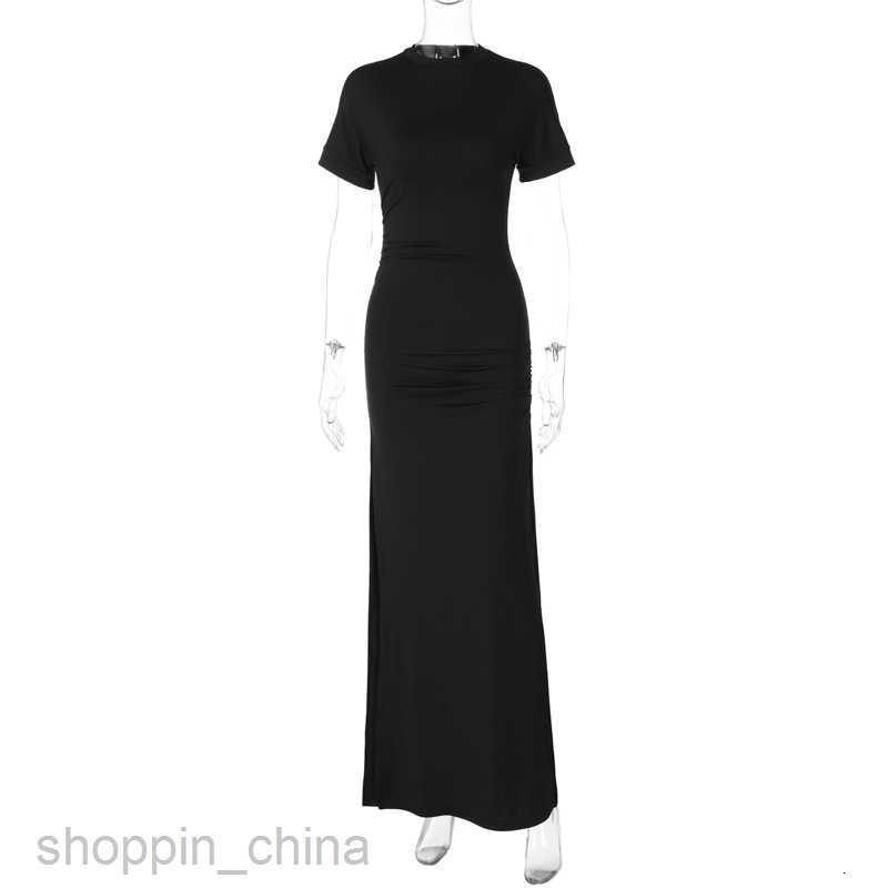 Basic Casual Dresses fashion solid color short sleeved long slim fitting street style versatile double layered slit dress