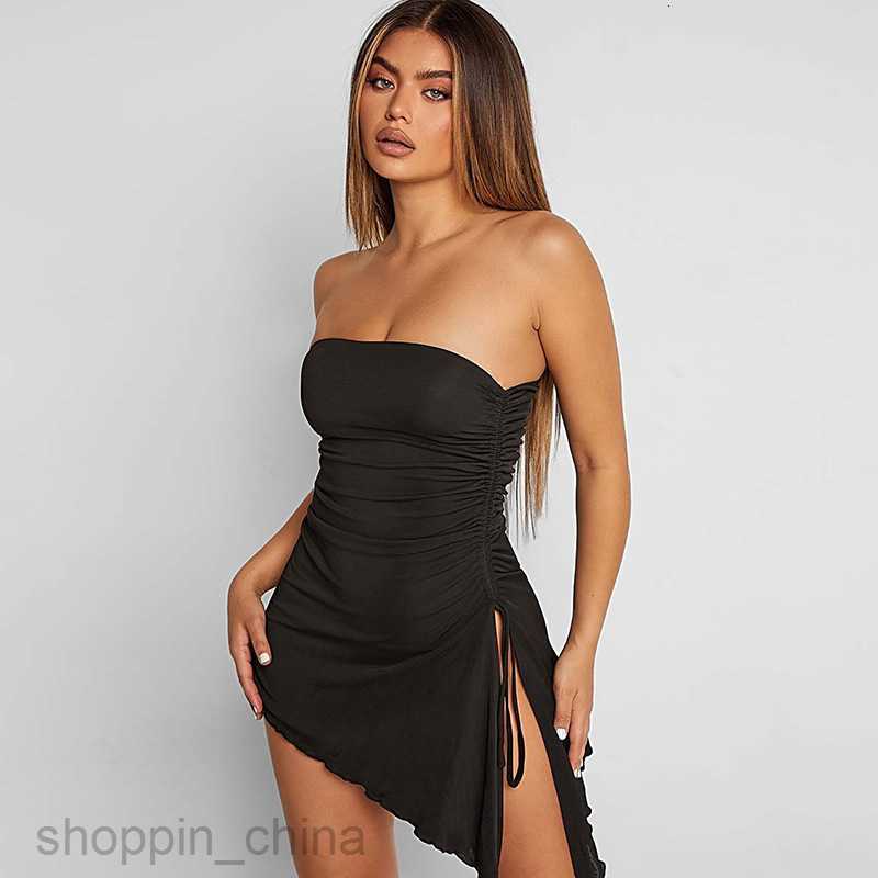 Basic Casual Dresses New women's fashion solid line collar side drawstring Ruffle beveled slit dress women