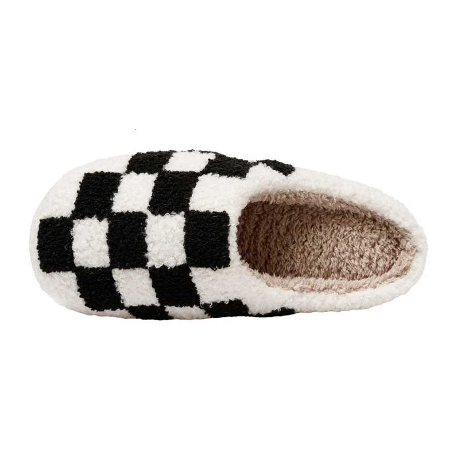 Fuzzy Slippers Fashion Checker Indoor Embroidery Houseshoes Cozy Woman Winter Fluffy House Retro Checkered Print Shoes 240612