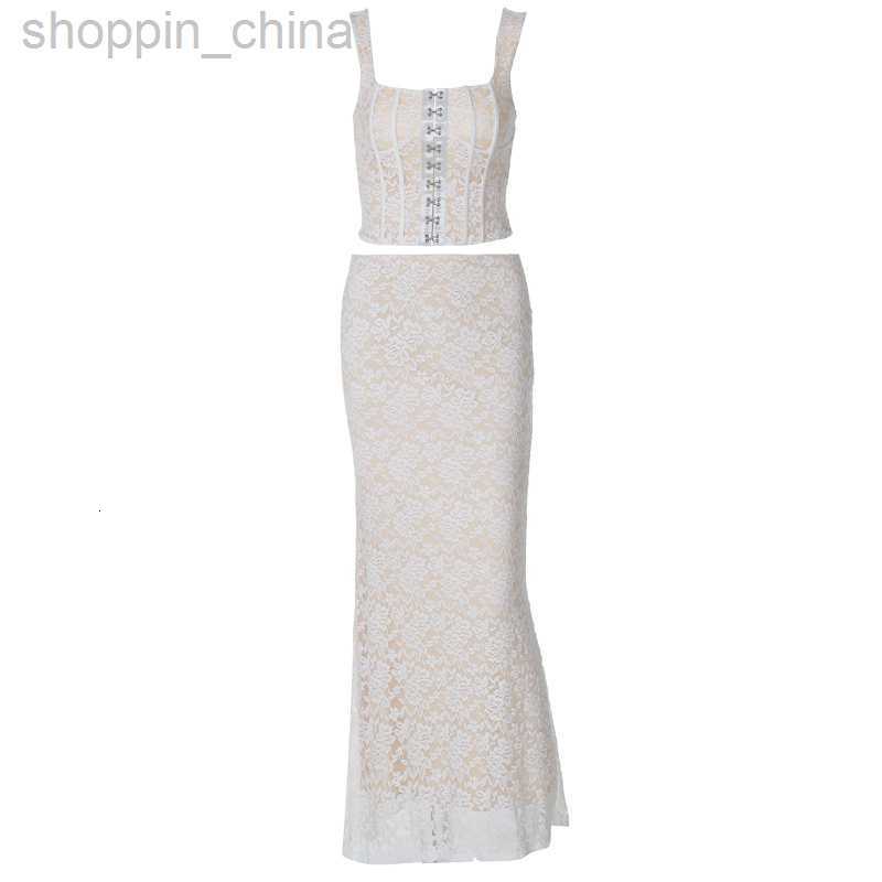 Two Piece Dress Sets Fashionable summer street style sexy buckle strap double-layer patchwork lace long skirt set