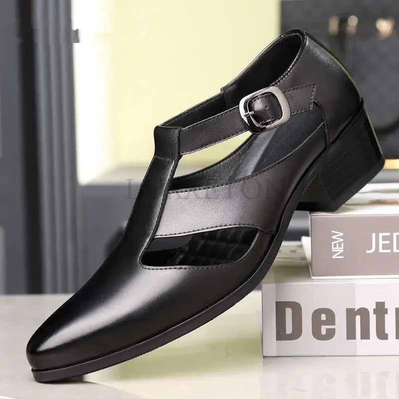 Mens Genuine Leather High Heel Dress Sandals Daily Business Office Work Sandals Trendy Hollow Pointed Toe Buckle Sandals 240612