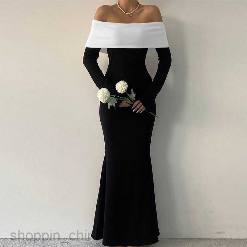 Basic Casual Dresses Fashion Classic Contrast Layer Wrap Chest Long Sleeve Slim Fit Wrap Hip Style Long Dress