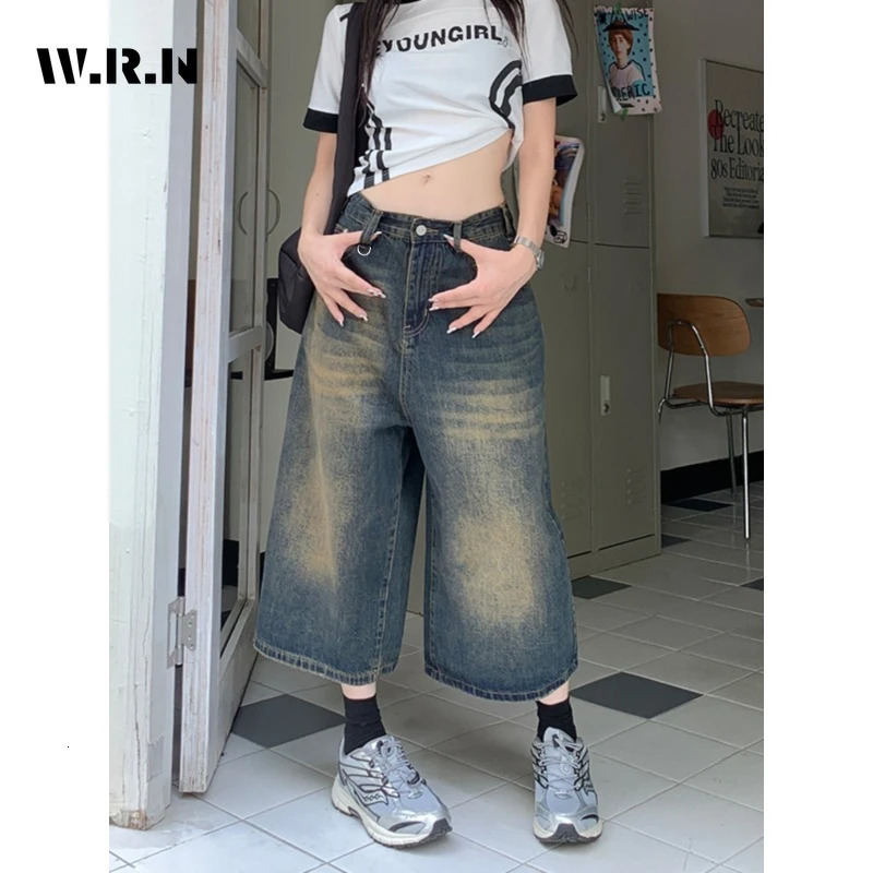 American Vintage High Waist Mid Long Baggy Denim Shorts Womens Casual 2000s Y2K Wide Leg Grunge High Street Style Shorts 240601